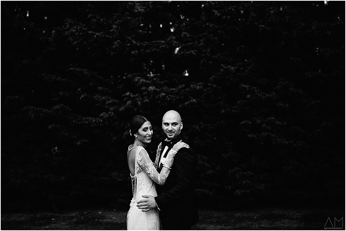 black and white portrait of bride and groom