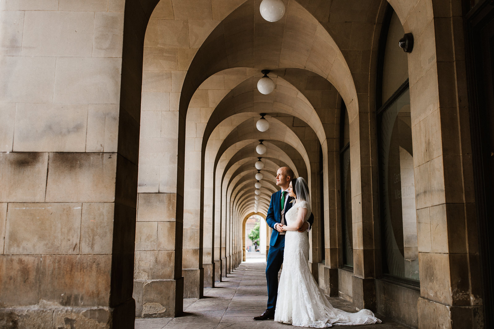 Bride and groom in the Arches in manchester