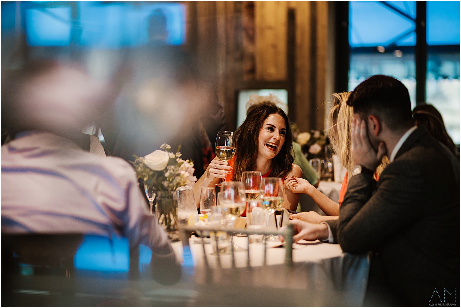 Happy wedding guest during the meal