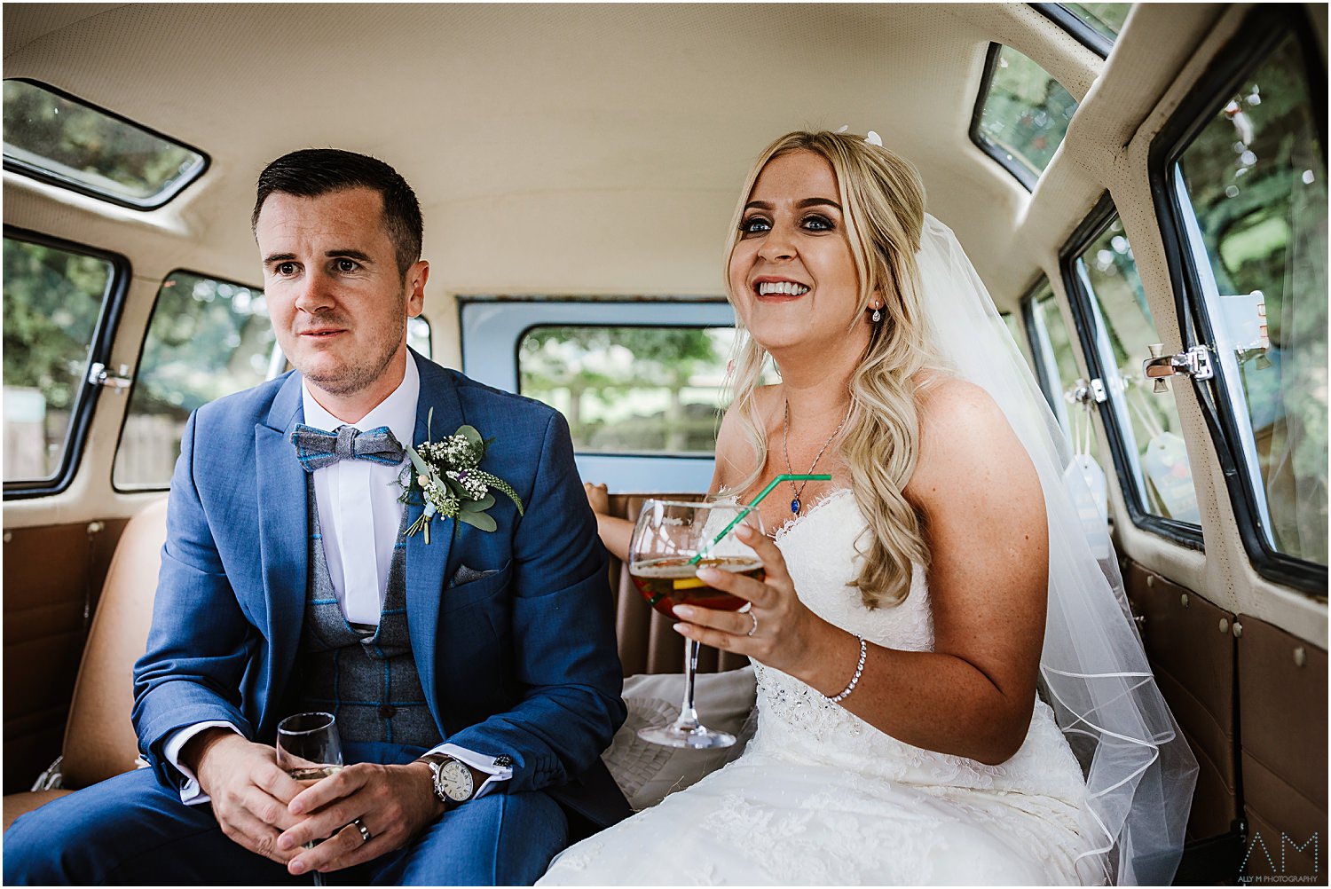 Bride and groom in campervan