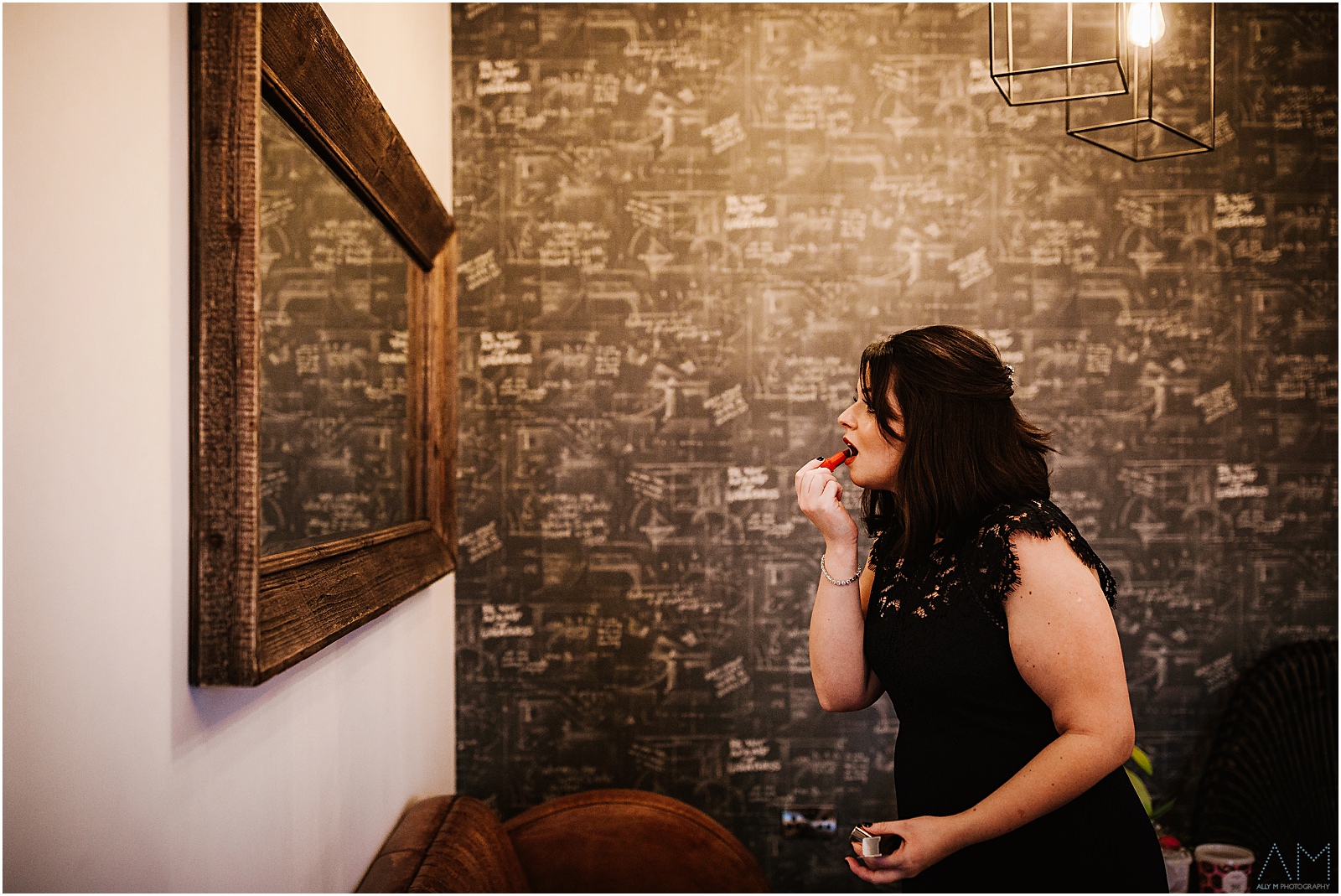 Holmes Mill Wedding | Gabby & Paul 9 Bridesmaid putting on lipstick