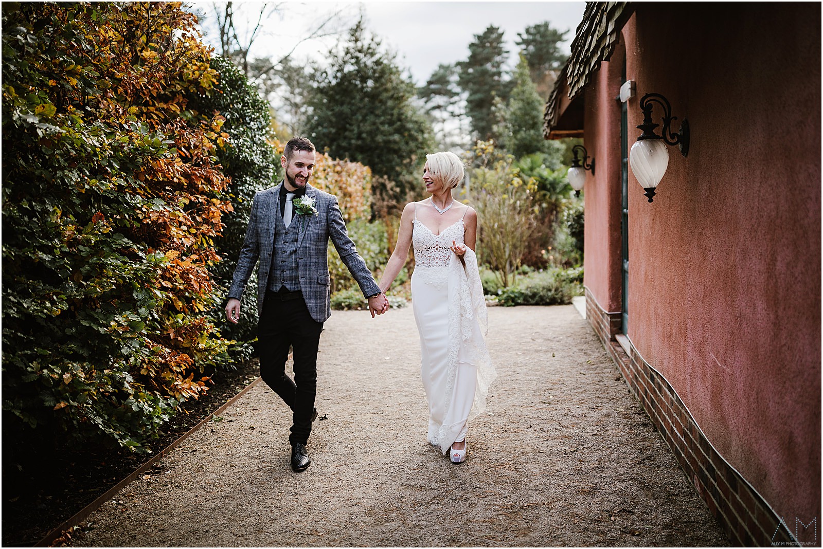 Bride and groom walking togther at Le Petit Chateau