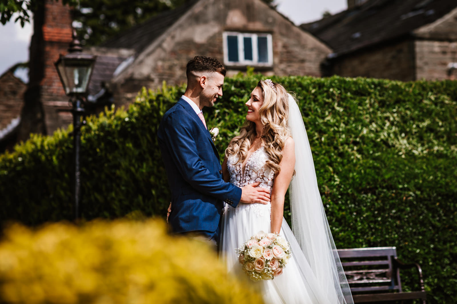 Bride and groom in the sunshine at Hyde Bank Farm