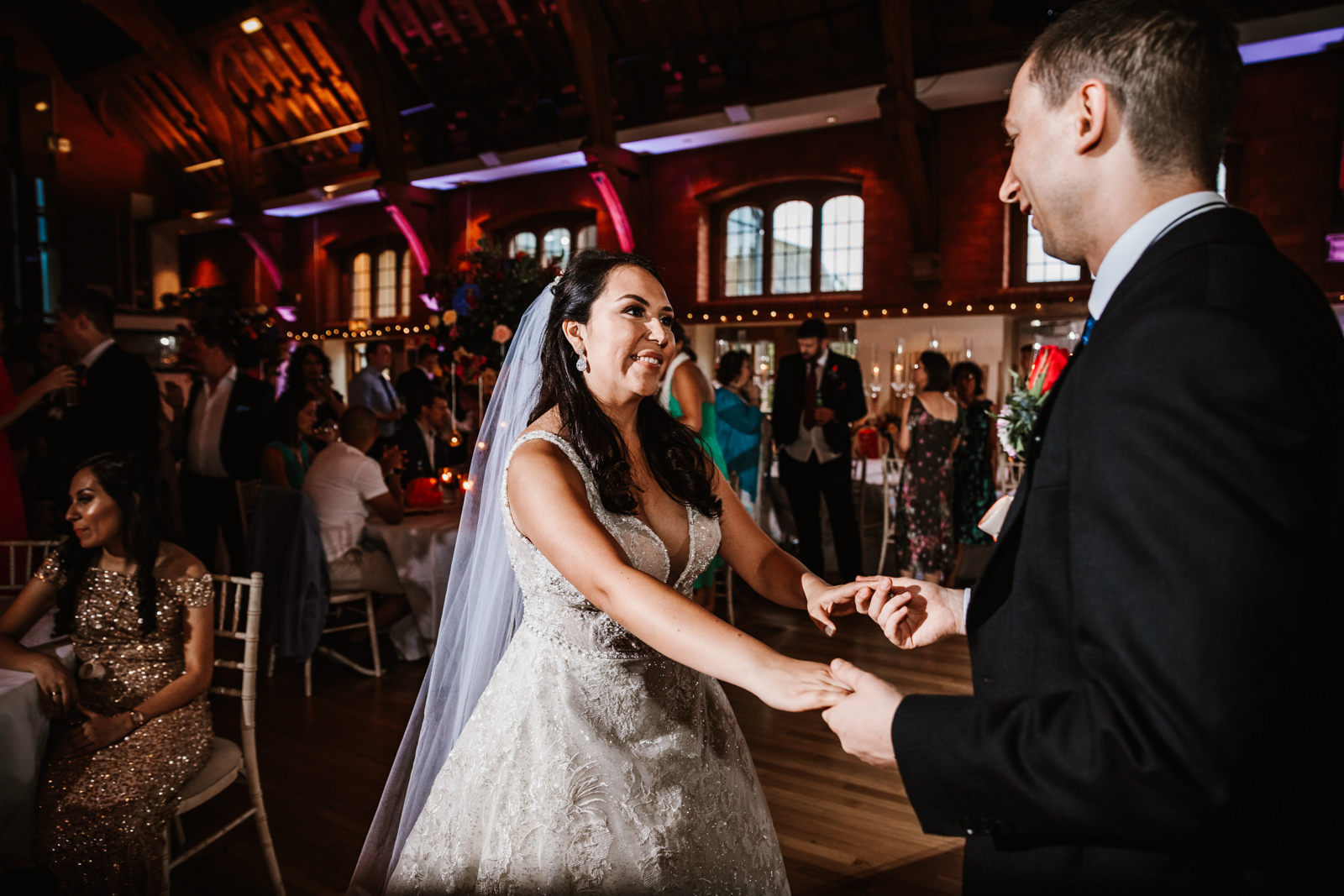 Bride and groom dancing together