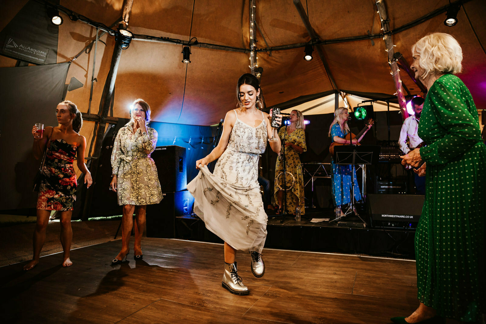 Lester Meadows Tipi Wedding Cheshire 56 Bridesmaid dancing