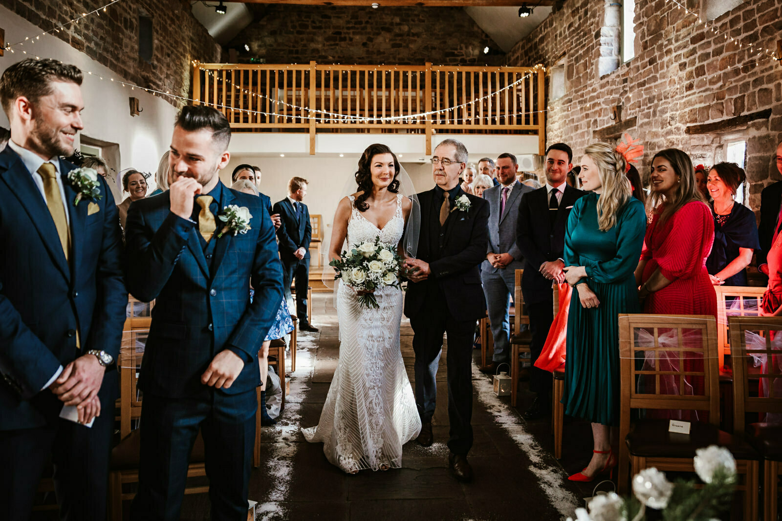 Bride walking down the aisle Ashes Barns