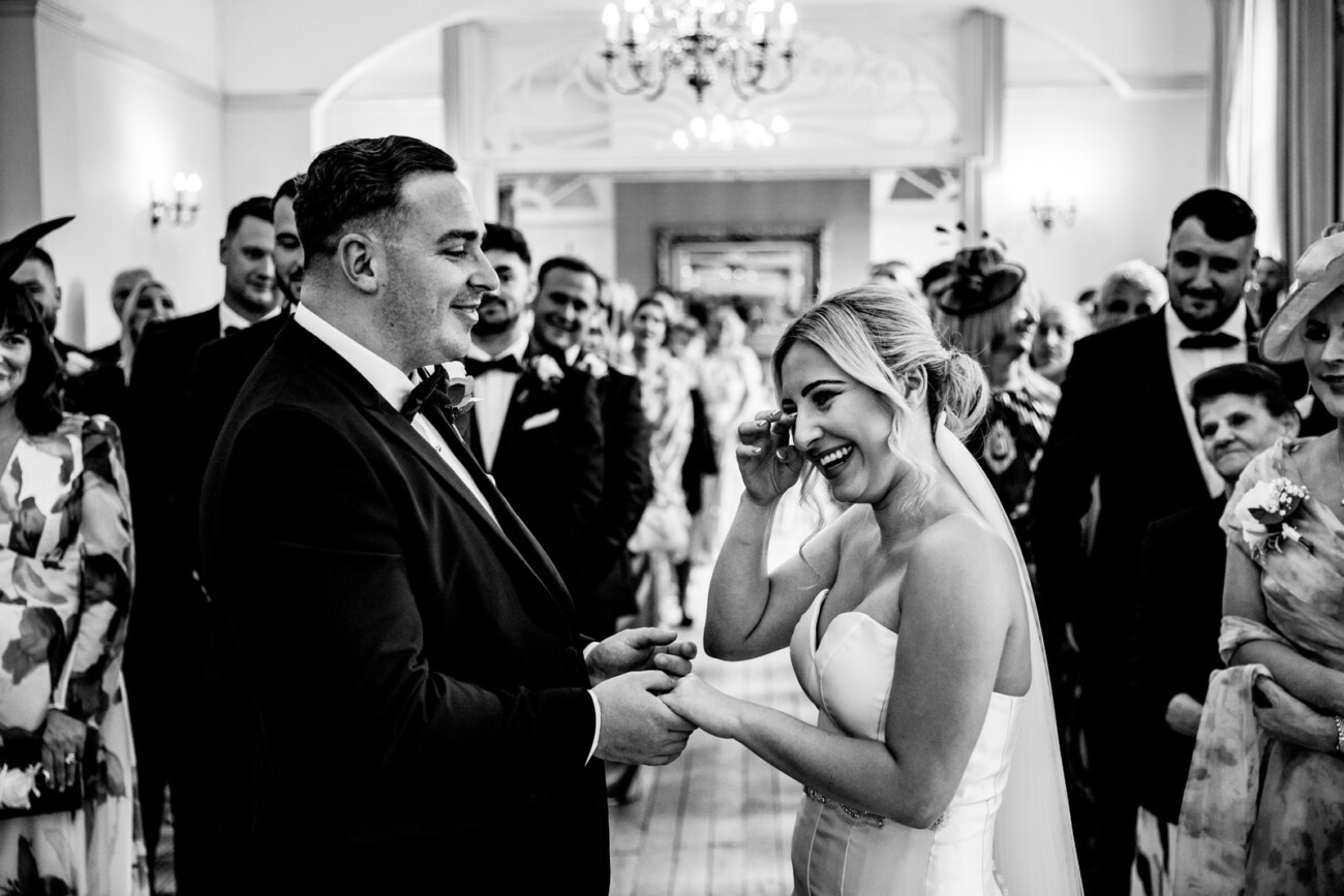 Bride crying during ceremony at Nunsmere Hall