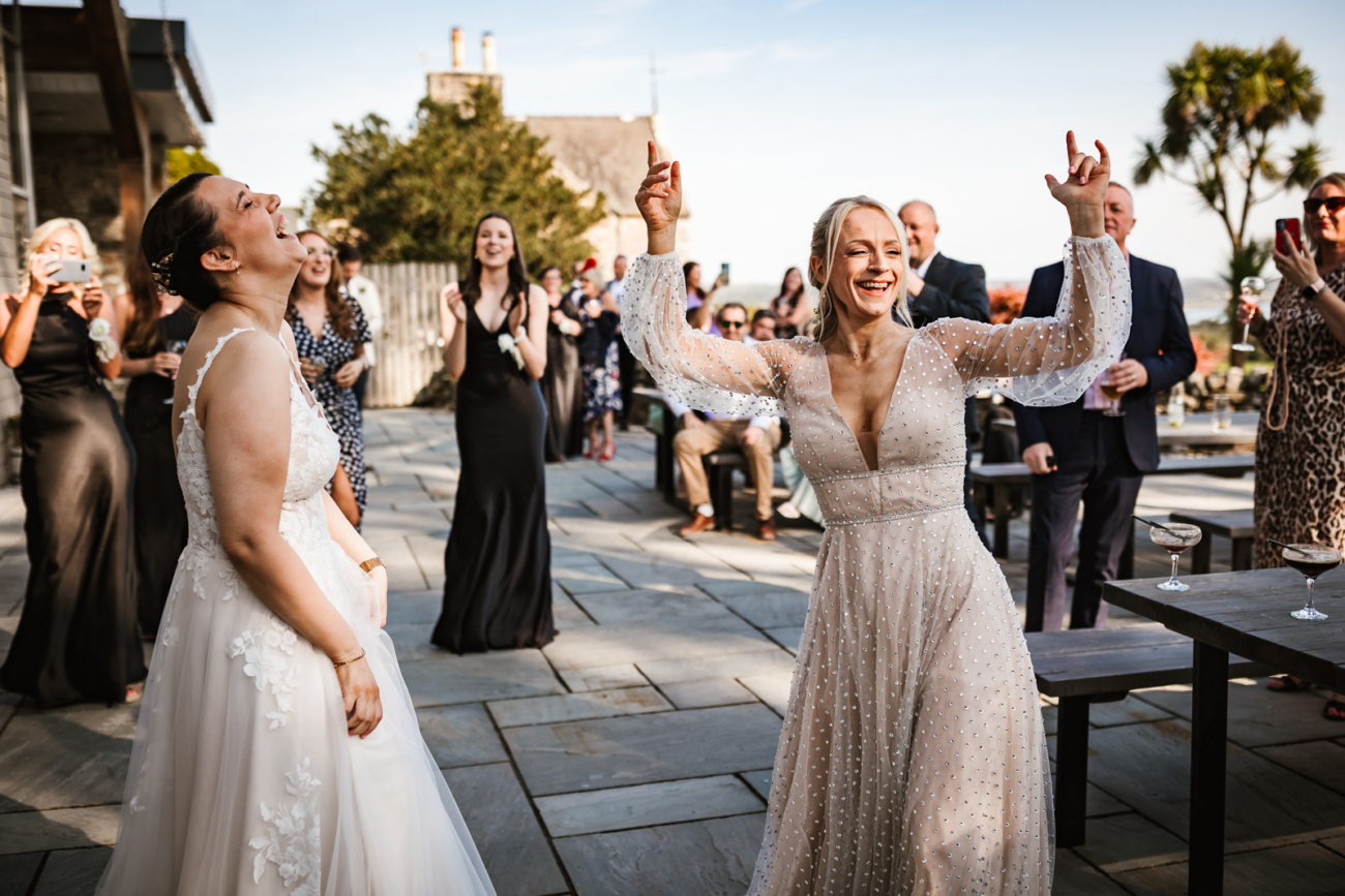 Brides singing and dancing