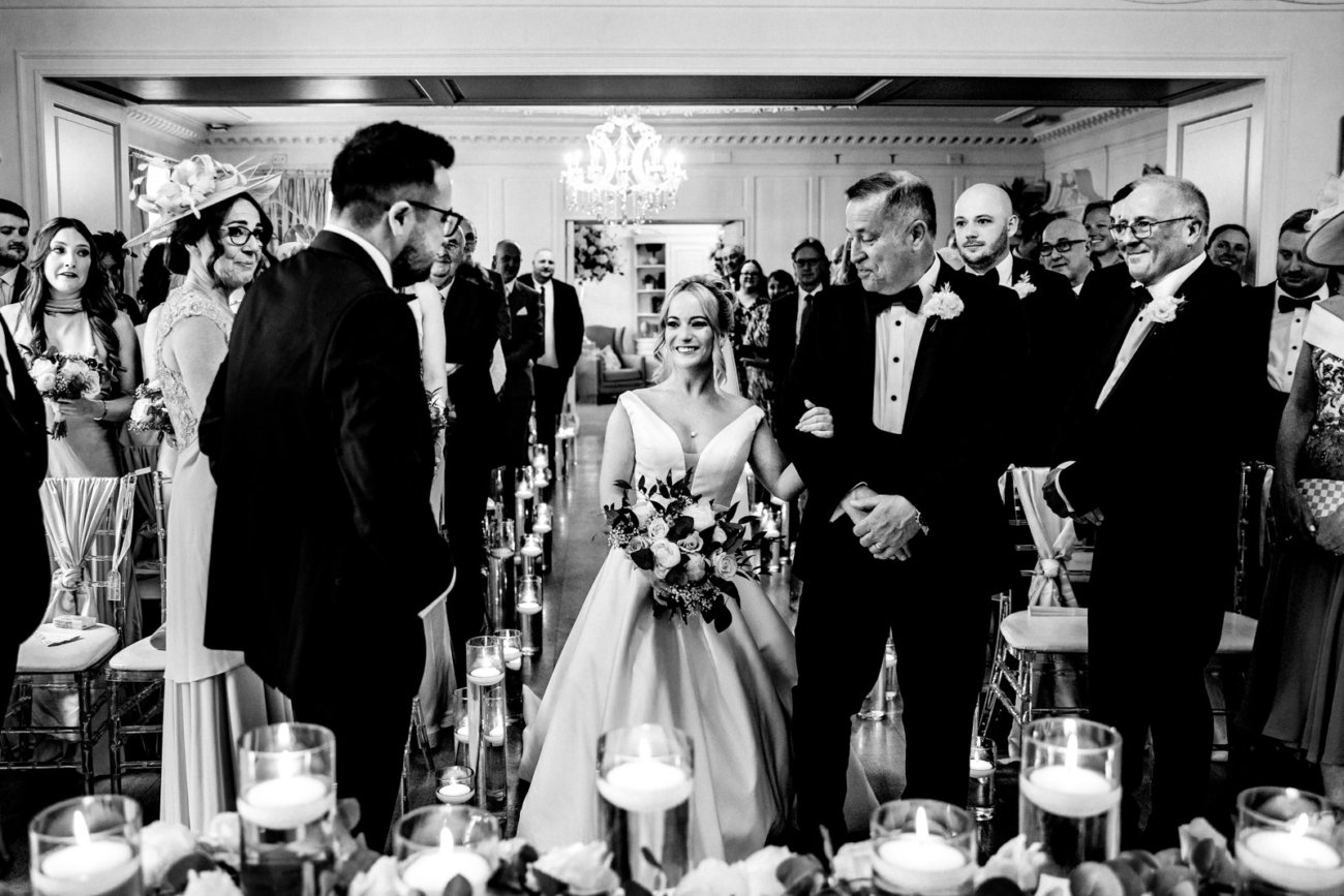 Groom seeing his bride for the first time at Eaves hall