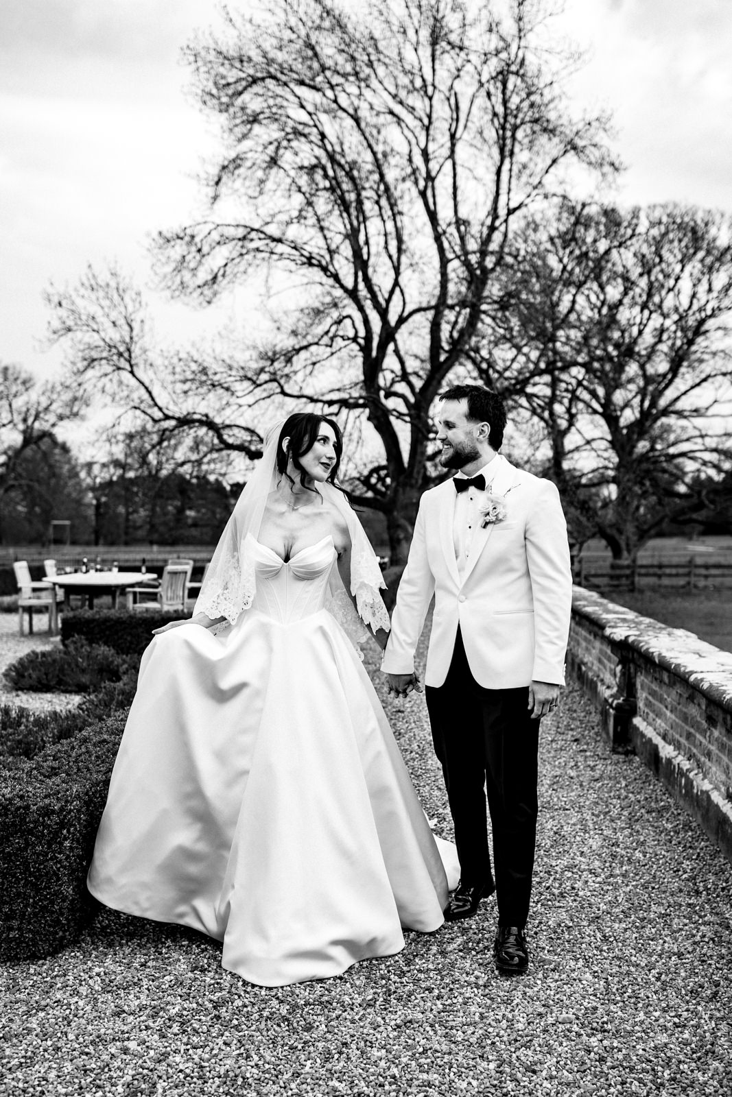 Black and white portrait of bride and groom at Iscoyd Park
